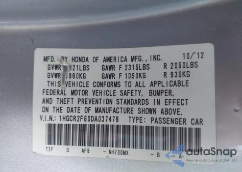 2013 Honda Accord Ex-L from USA, damaged, VIN 1HGCR2F80DA037479